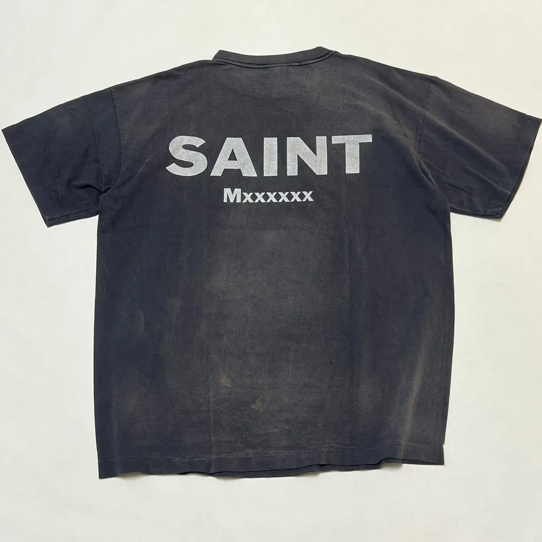SAINT Mxxxxxx × EVANGELION NEON GNSIS TEE/BLK co-branded Neon Genesis Evangelion distressed short-sleeves, washed black S-XL, vintage NEW VINTAGE, top printing technology, garment dyeing, re-washed, distressed, correct co-branded main mark/washing mark